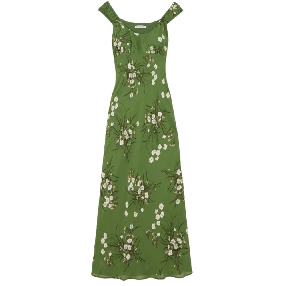 REFORMATION demy floral-print georgette midi dress | green & white | small